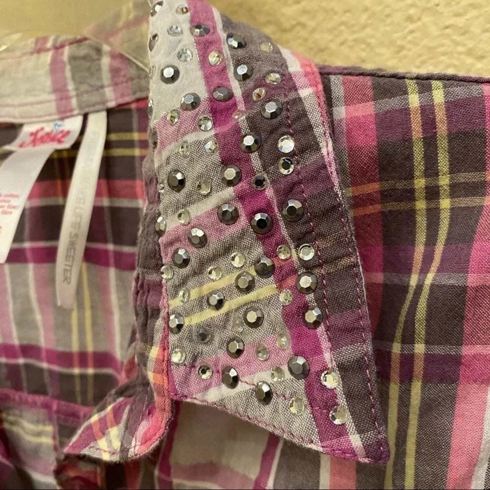 JUSTICE Girls Pink Plaid Embellished Collar Top Size 16
